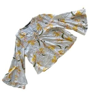Zara Basic White‎ Floral Bell Sleeve Blouse Yellow Lily Print XL
